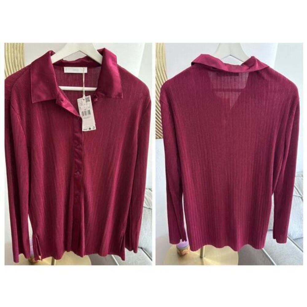 Mango Pleated Burgundy Button Up Shirt Size 6 Office Corporate